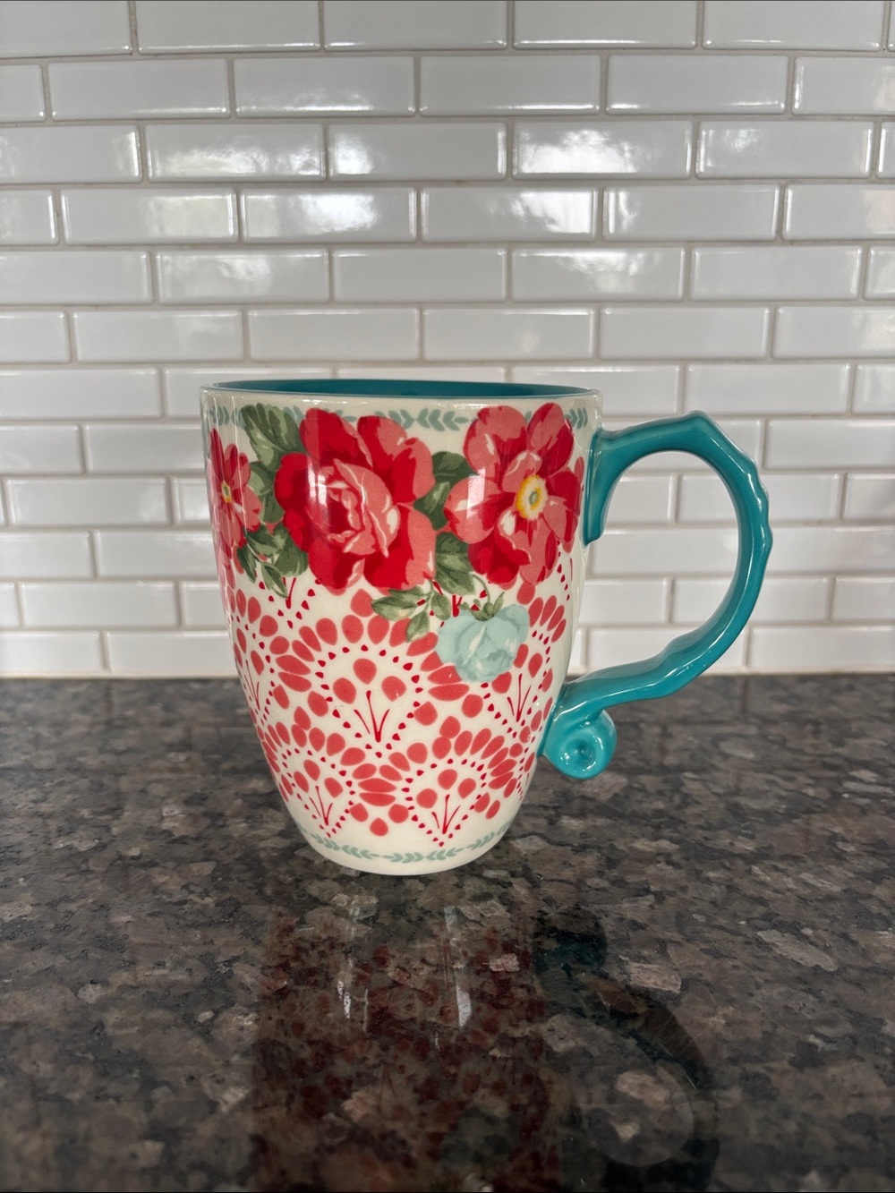 The Pioneer Woman Red Floral Ceramic Mug with Teal Handle